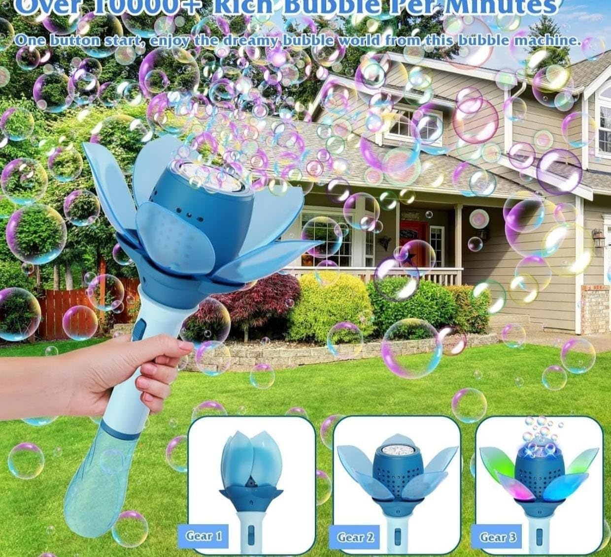 Fun flower-shaped electric bubble wand for children, an automatic bubble maker that creates a continuous stream of bubbles, ideal for outdoor entertainment and sensory play. www.usmile.toys